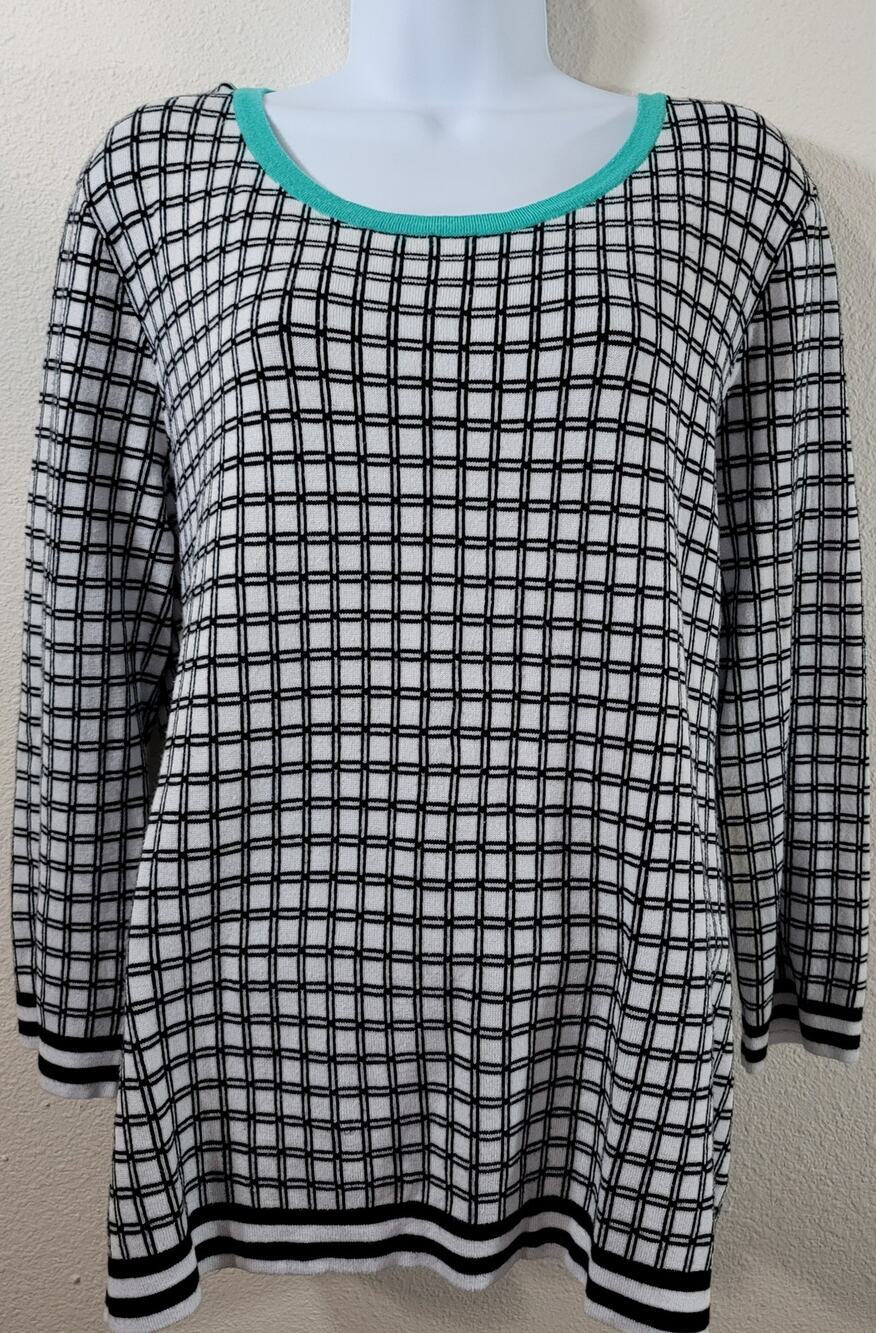 Cato Black White Check Round Neck Sweater Top XL Soft Stretchy Cozy Banded Waist
